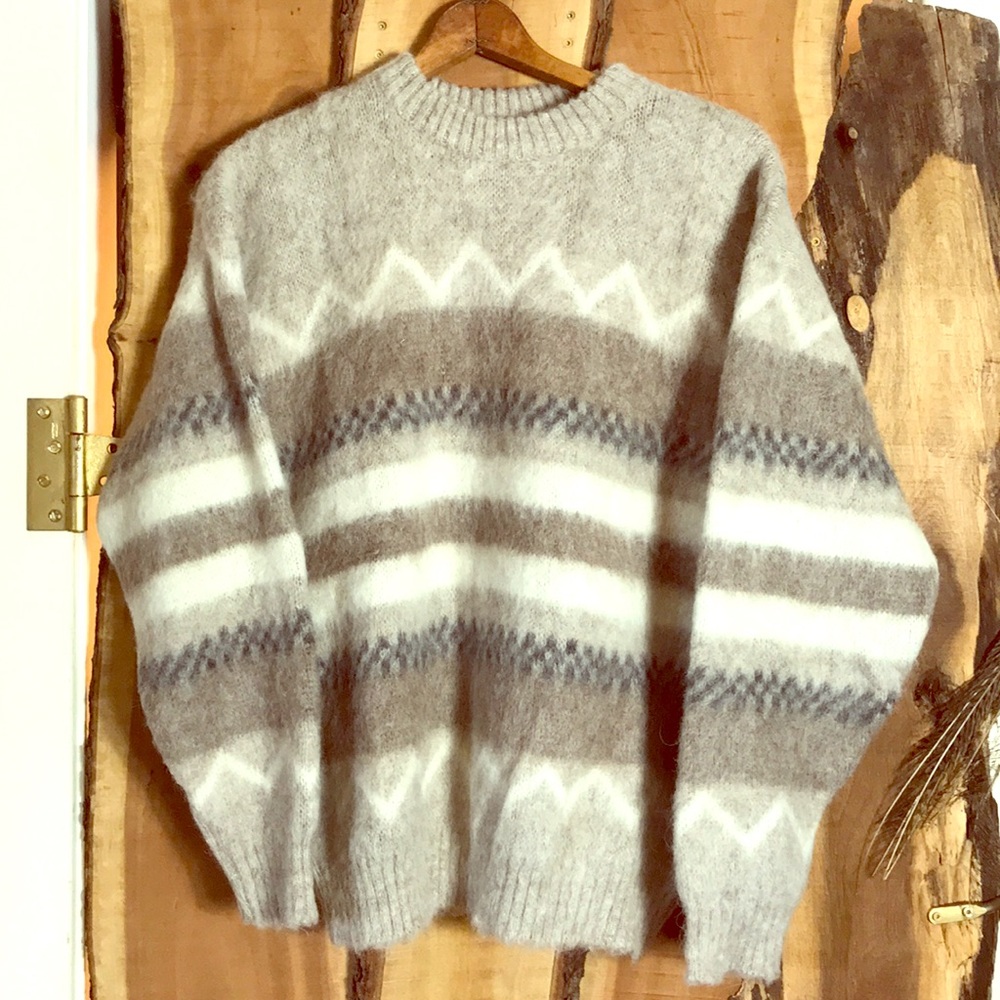 Vintage Icelandic Sweater Gray and White Striped Crewneck 100% wool